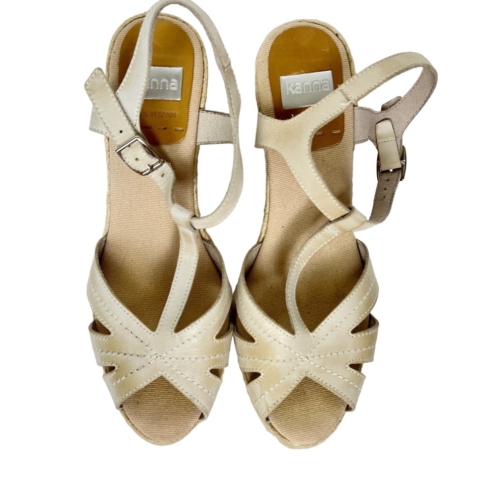 Kanna Genuine Leather Beige Tan T-Strap, Ankle Strap Espadrille Wedge Sandals